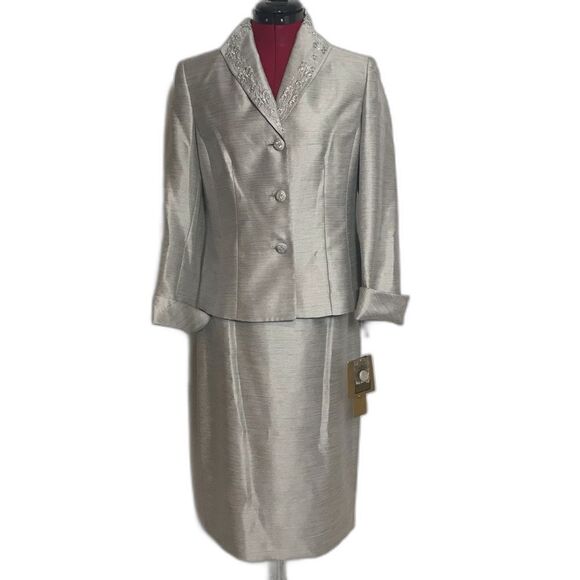 Kasper Skirt Suit Women's Size 6 Silver Metallic 2-Piece Set Skirt & Blazer NWT - Picture 1 of 15